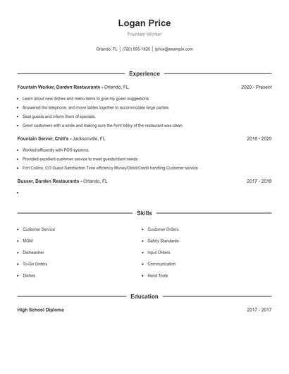Fountain Worker Resume