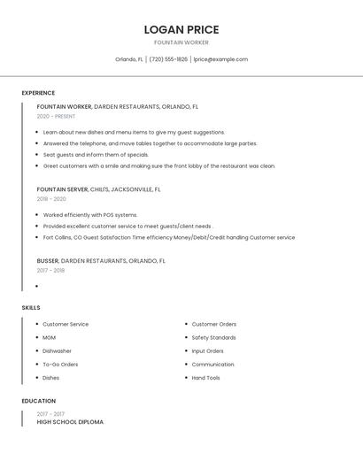 Fountain Worker Resume