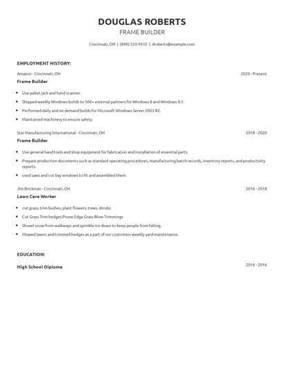 Frame Builder Resume
