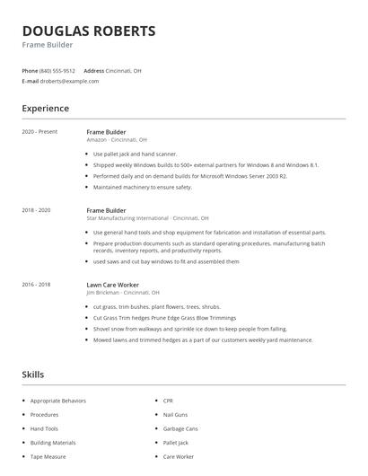 Frame Builder Resume