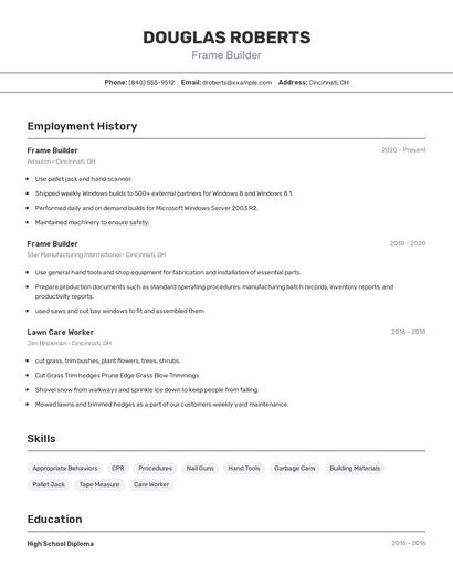 Frame Builder Resume