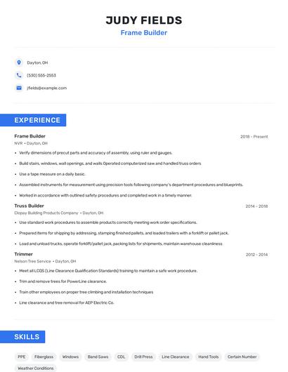 Frame Builder Resume