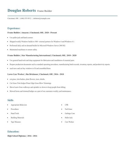 Frame Builder Resume