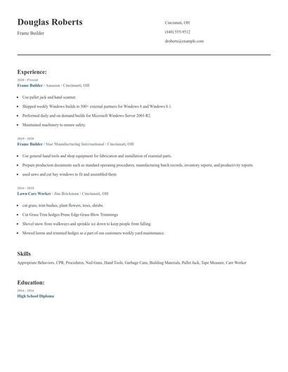 Frame Builder Resume
