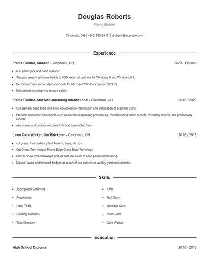 Frame Builder Resume
