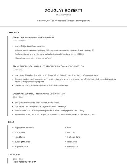 Frame Builder Resume