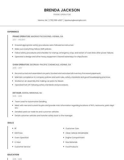 Frame Operator Resume