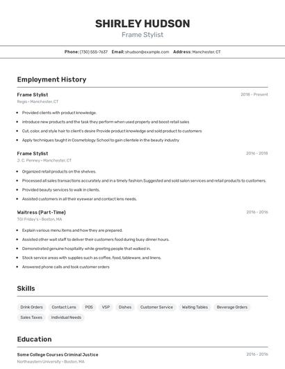 Frame Stylist Resume