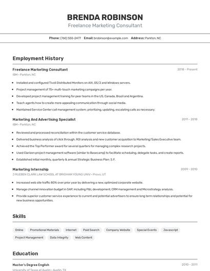 Freelance Marketing Consultant Resume