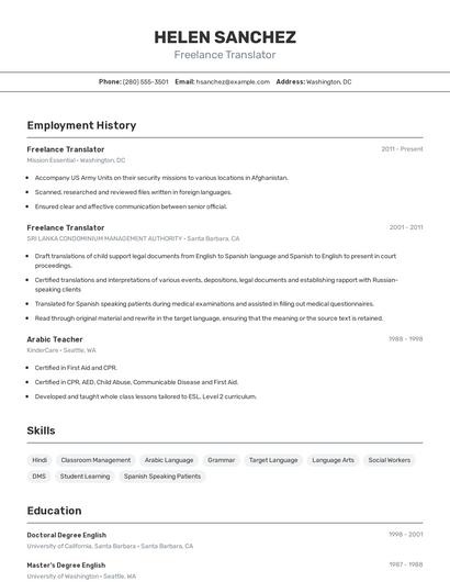 Freelance Translator Resume