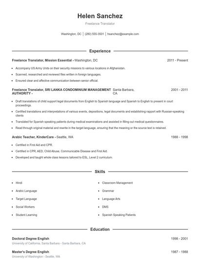 Freelance Translator Resume