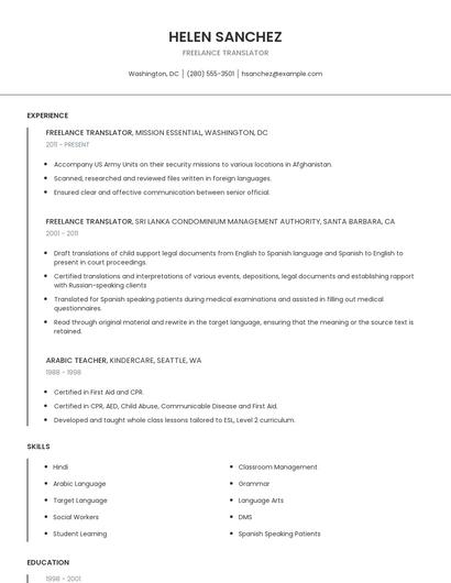 Freelance Translator Resume