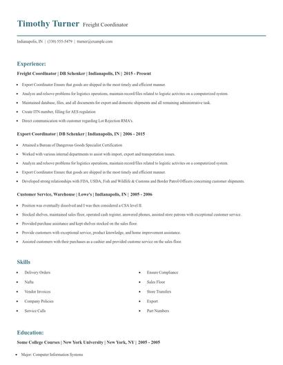 Freight Coordinator Resume