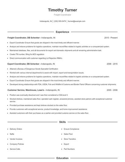 Freight Coordinator Resume