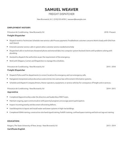 Freight Dispatcher Resume