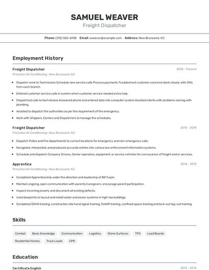 Freight Dispatcher Resume