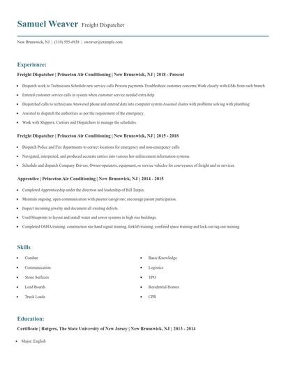 Freight Dispatcher Resume