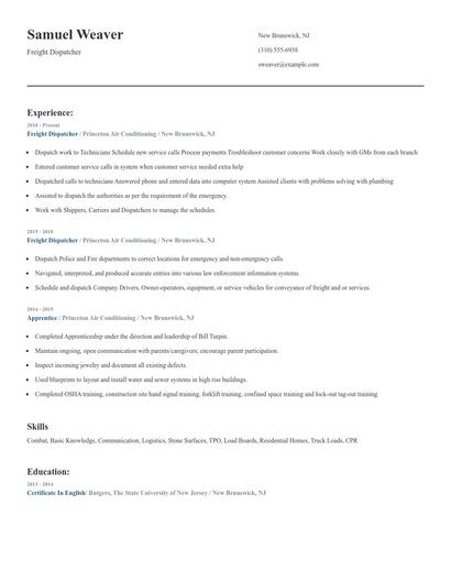 Freight Dispatcher Resume