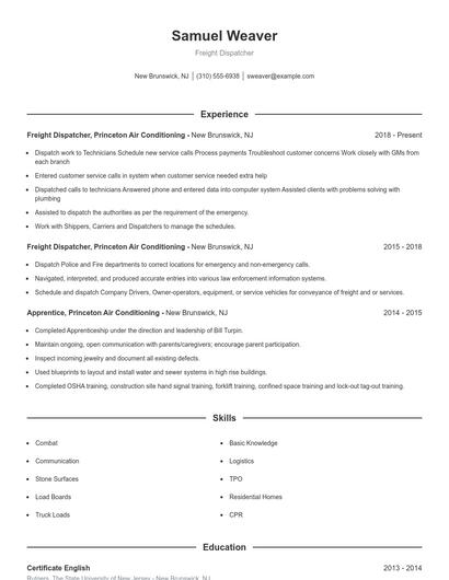 Freight Dispatcher Resume