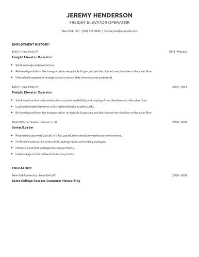 Freight Elevator Operator Resume