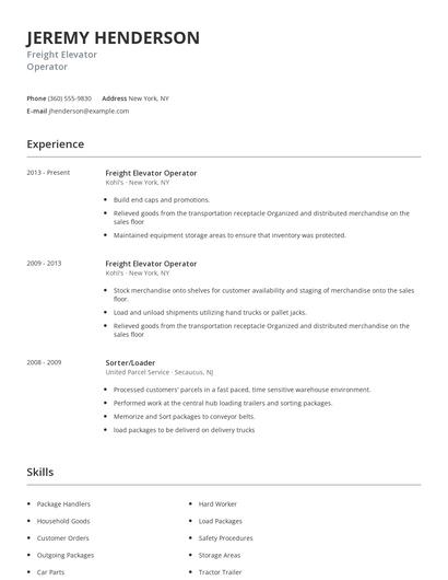 Freight Elevator Operator Resume