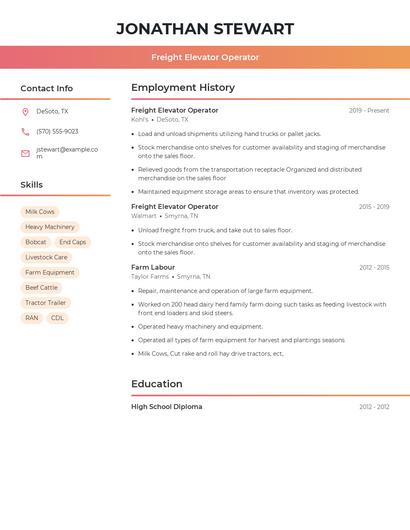 Freight Elevator Operator Resume