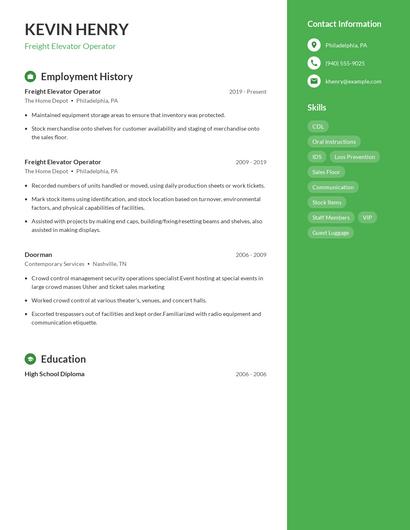 Freight Elevator Operator Resume