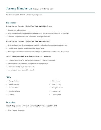 Freight Elevator Operator Resume
