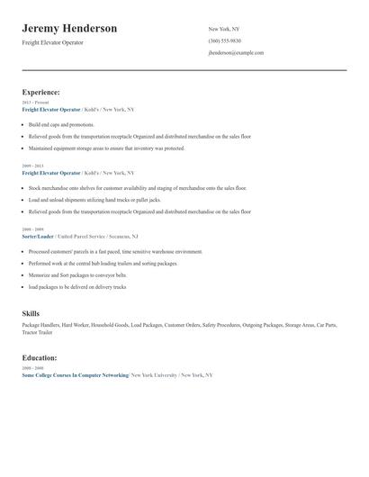 Freight Elevator Operator Resume