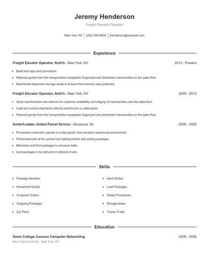 Freight Elevator Operator Resume