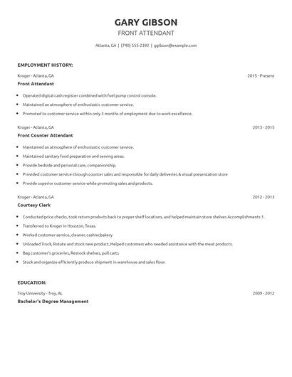 Front Attendant Resume