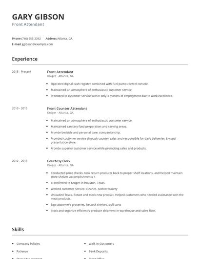 Front Attendant Resume