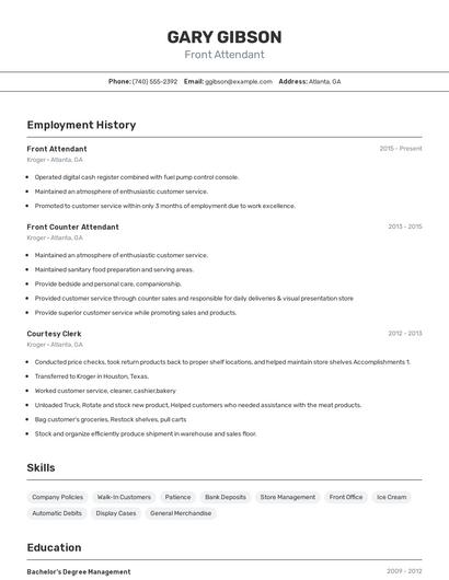Front Attendant Resume