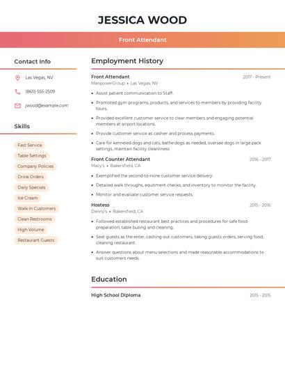 Front Attendant Resume