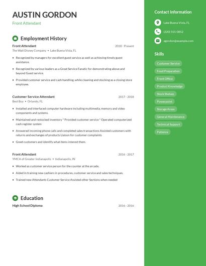 Front Attendant Resume