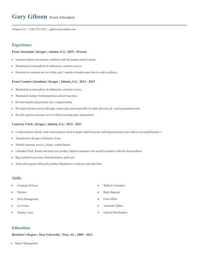 Front Attendant Resume
