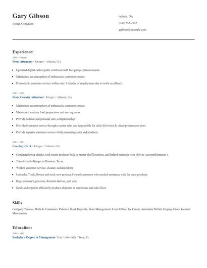 Front Attendant Resume
