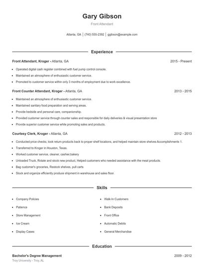 Front Attendant Resume