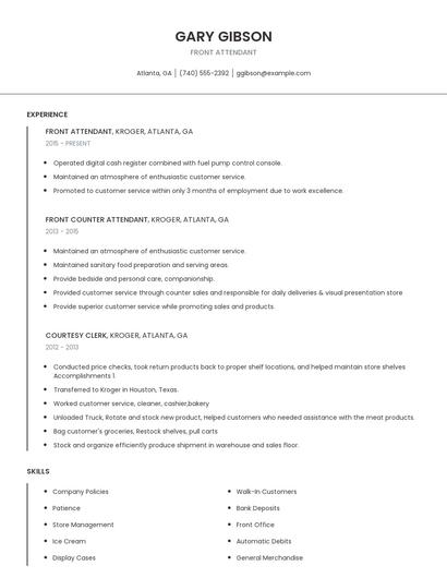 Front Attendant Resume
