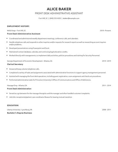 Front Desk Administrative Assistant Resume