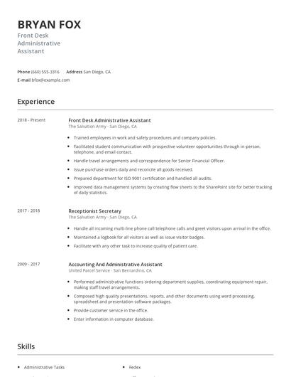 Front Desk Administrative Assistant Resume
