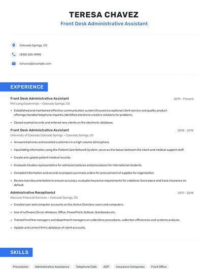 Front Desk Administrative Assistant Resume