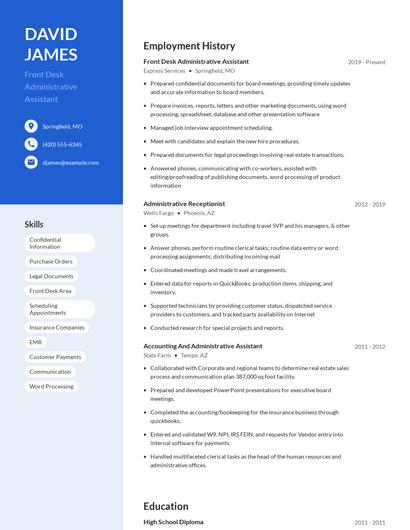 Front Desk Administrative Assistant Resume