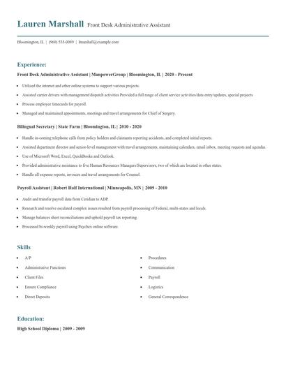 Front Desk Administrative Assistant Resume