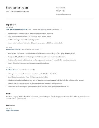Front Desk Administrative Assistant Resume