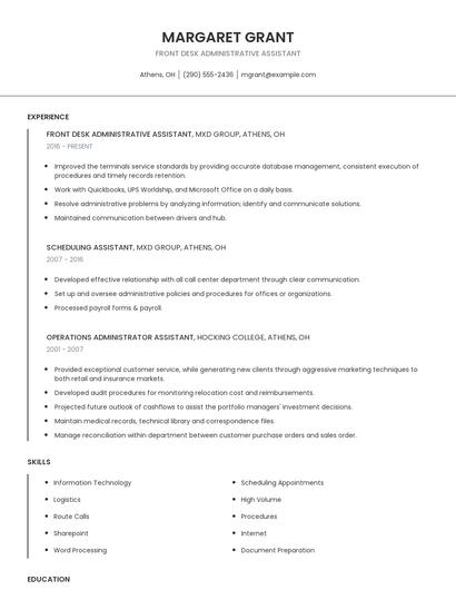 Front Desk Administrative Assistant Resume