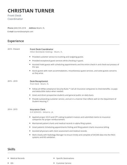 Front Desk Coordinator Resume