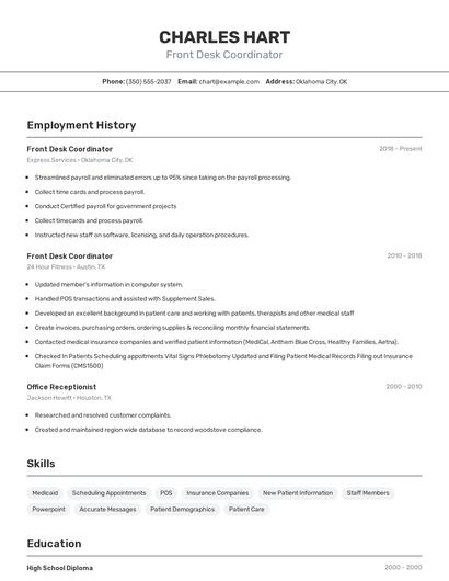 Front Desk Coordinator Resume