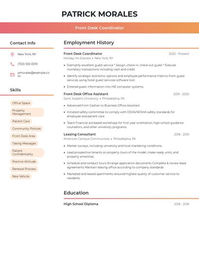 Front Desk Coordinator Resume