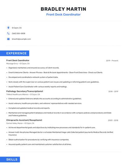 Front Desk Coordinator Resume